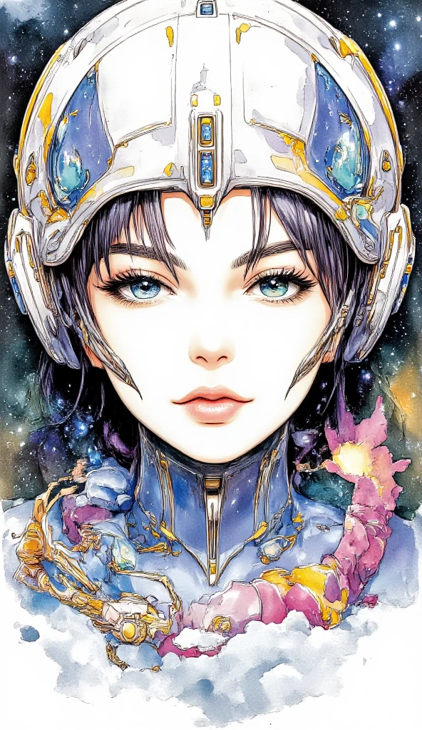 ((best quality)), ((masterpiece)), (detailed), perfect face of cyberpunk mecha japanese girl, surreal, art nouveau, in the illustrative style of moebius, spaceships, aliens, fantasy, sci-fi, graphic novel, line drawing, french retro,
