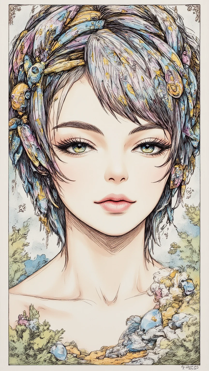 ((best quality)), ((masterpiece)), (detailed), perfect face of cyberpunk mecha japanese girl, surreal, art nouveau, in the illustrative style of moebius, spaceships, aliens, fantasy, sci-fi, graphic novel, line drawing, french retro,
