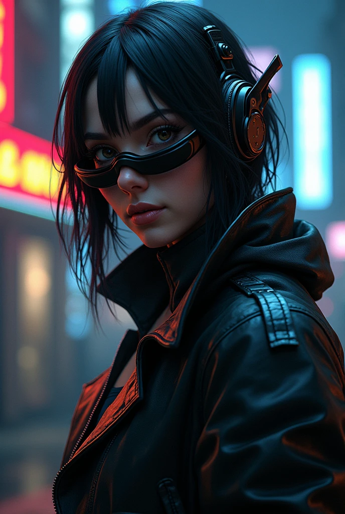 (Top Quality, 8k), Jet black haired Cyberpunk Girl, Dreamy Cyberpunk Anime Girl, Female Cyberpunk Anime model, cyberpunk 2.0 y.o. Beauty, Captivating Cyberpunk Goddess, With Cyberpunk style and Cyberpunk artstyle, Digital Cyberpunk Anime, Cyberpunk Girl in powerful pose, Ultra-detailed,
The jet black haired Cyberpunk Girl poses confidently before the mirror, holding a sleek holographic phone as she takes a selfie. Her outfit is a shining example of the Cyberpunk aesthetic – a