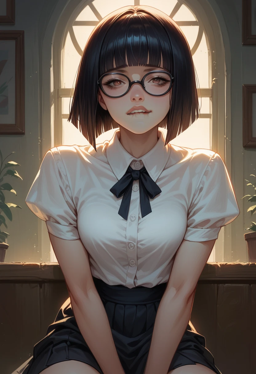 score_9_presence, score_8_up, score_7_up, sexy female, Hyper realistic, perfect face, perfect lighting, Black hime cut, Straight Hair, short hair, Glasses, biting lower lip, Long maxi skirt