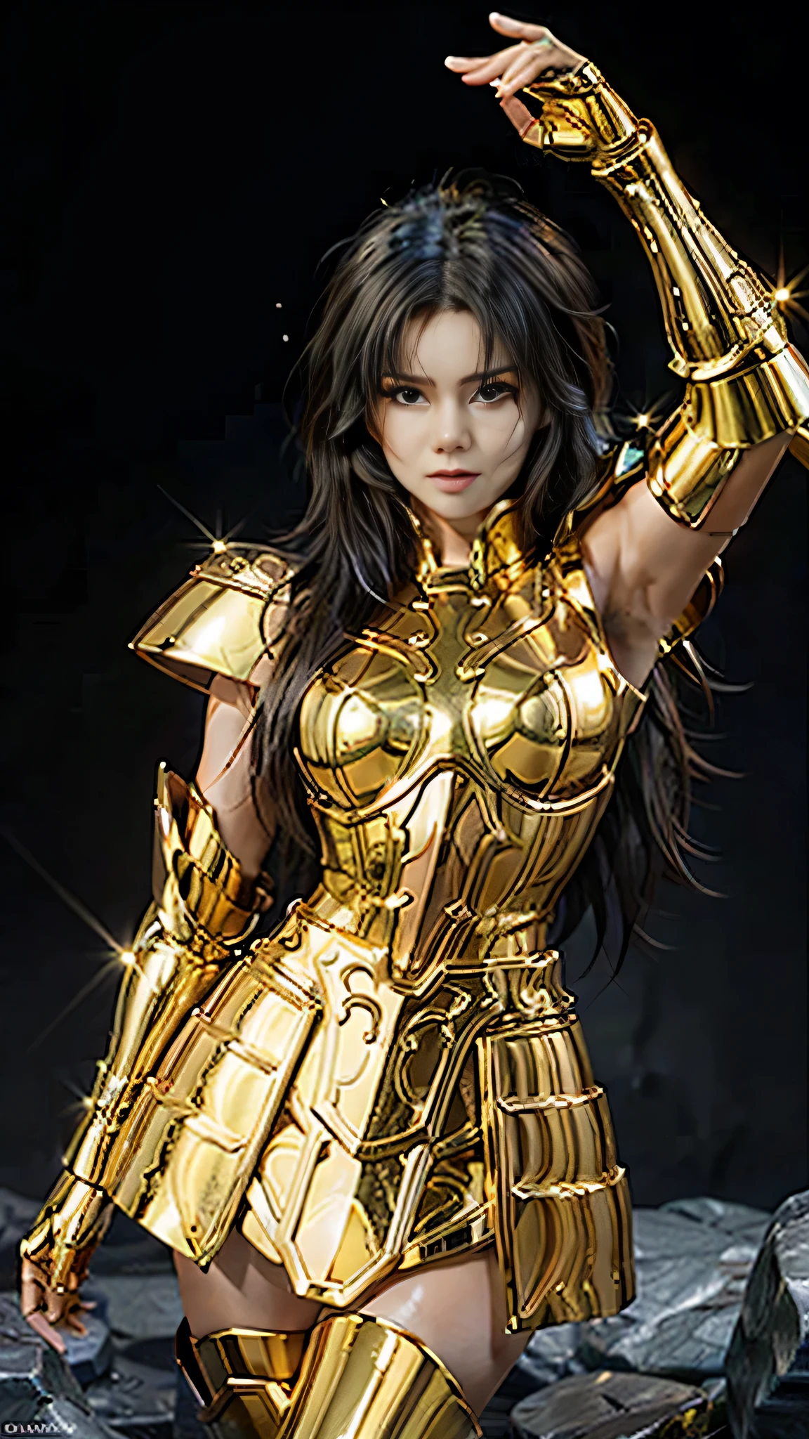 Ultra-high saturation（tmasterpiece）， fully body photo，（best qualtiy）， （1girll），super wide shot， sface focus，  Wearing shiny gold armor， Sexy lingerie type armor，Expose your chest，Expose the waistline，Exposing thighs，cool-pose， Saint Seiya Armor， messy  hair，high detal, Anime style, Cinematic lighting, The armor is shining gold, god light, Ray traching, filmgrain, hyper HD, textureskin, super detailing, Anatomical correct, A high resolution，Ultra-high saturation，hight contrast，High-gloss armor，Smooth skin，Grim expression，blue hairs, huge boobs