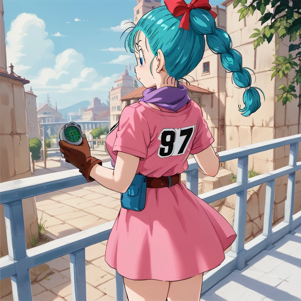 masterpiece, best quality, high resolution, dragon ball, blmpony, aqua hair, hair ribbon, braided ponytail, pink shirt, belt, scarf, pink skirt, clothes writing, brown gloves, medium breasts, in back pose, back wards looking camera, smile, show her booty, show ass, ultra mini dress,Anime,bulma (WIND LIFTING HER SKIRT) (detailed:1.3), ultra high res, ultra detailed, Highly detailed face and skin texture, detailed eyes jewelry, earrings, leaning on a balcony, on her back, semi crouched, showing her ass, show her booty
