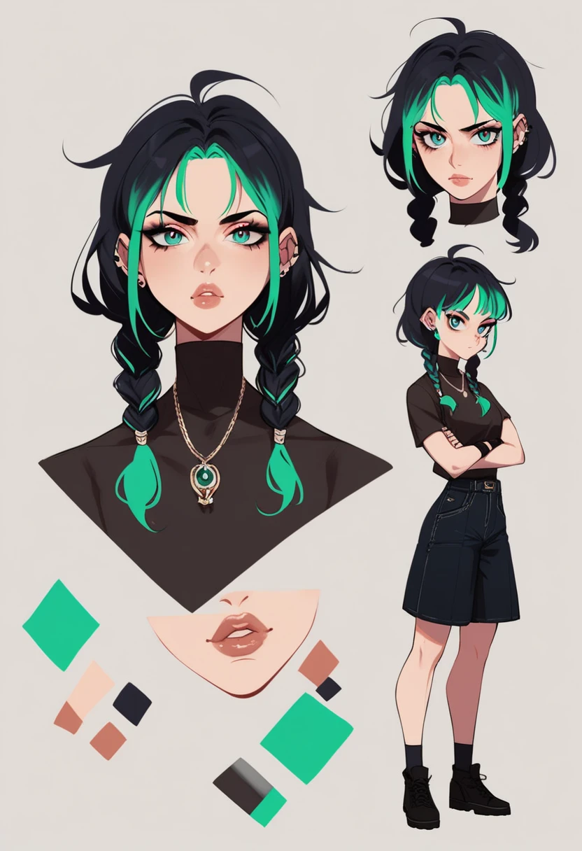 score_9, score_8_up, score_7_up, score_6_up, score_5_up, score_4_up, BREAK source_anime, 1girl, medium length green hair, goth makeup, peircings, emo, Creative design, full body, Reference sheet, Character sheet