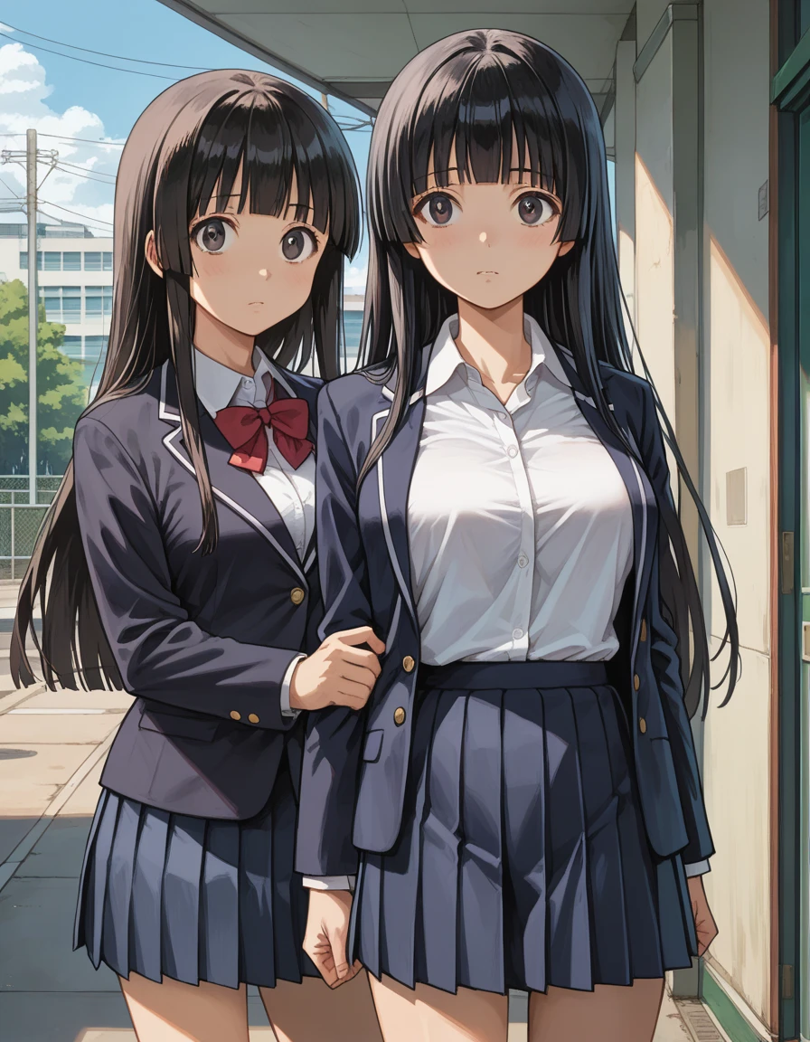 (((mioakiyama, Mio Akiyama, Long Hair, bangs,  Black Hair ,  dark eyes, hime cut,)))
(((sakuragaoka high school uniform, school uniform, blazers, shirt, white shirt, collared shirt, skirt, pleated skirt))), cowboy shot, 
((masterpiece,Best Quality,masterpiece:1.2, super high definition)),((large breasts)),