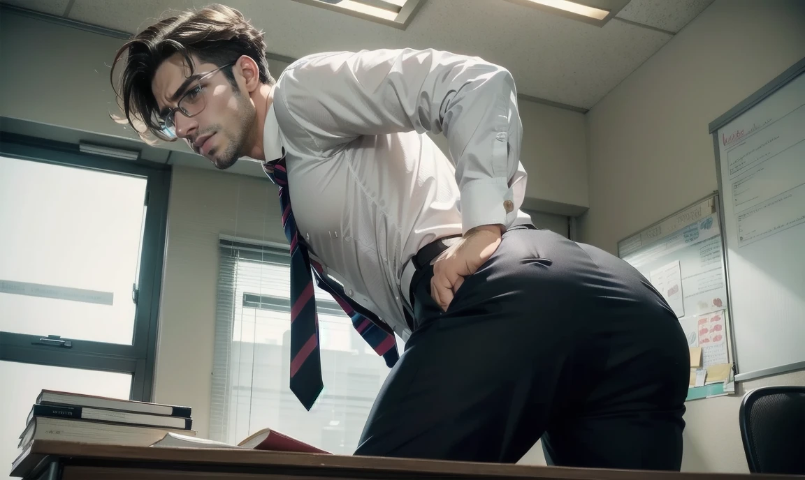 from behind. gorgeous sexy male teacher with glasses standing in a classroom, brown eyes, dressed in a button-down shirt and tie, looking extremely flustered, hair tousled, disheveled, lusty flushed expression, bent over your desk looking back at you.