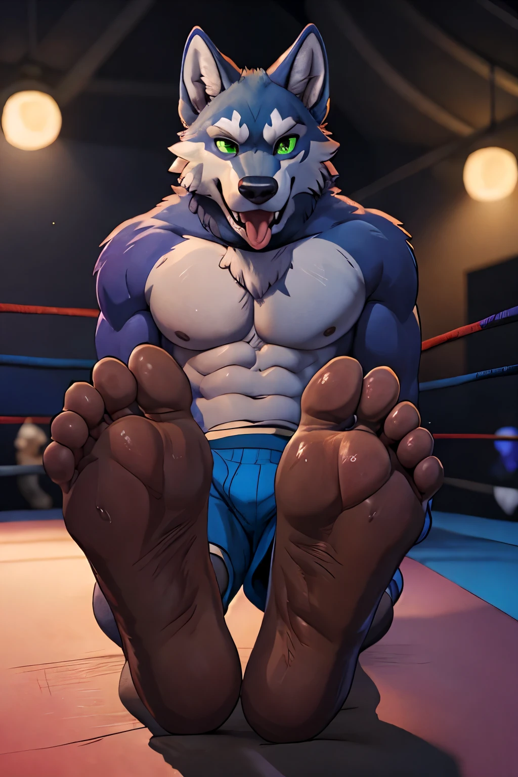 horse, (head close-up):2.2, 4k, high resolution, best quality, posted on e621, solo, anthro body, male 
Polarwolf, adult, masculine, slim:1.2, correct anatomy, (boxing ring background, gym background), (blurry background, out-of-focus background:1.2), (by wfa:1.0), (by takemoto arashi:1.0), (by Taran Fiddler:0.5), sexy, (cel shaded, cartoony shading:1.2), black lineart, black outline, flat coloring, (strong shadows, dark shadows:1.2), (blue shorts (bulge:0.6), topless, boxing gloves), sexy shadows, wolf tail, slim posture, closed mouth, sticking out tongue, closed:1 eyes, tilted head, exhausted, wet sweat:1.2, fallen, (lying on back):1.2, lying on ropes, spreaded legs, spreaded arms (foot showing) feet focus (paw fetish) (feet fetish)  green eyes ((complete white fur)) (
((Polarwolf)) (white footsoles)) ((black pawpads)) ((five toes))
