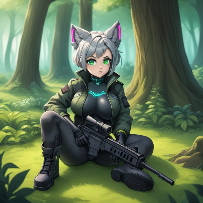 greedy, gray fur,  large breasts, sexy, young,  green eyes,  open black jacket with raised collar ,  military boots , paramilitary pants ,  hand assault rifle ,  Cyberpunk arm ,  cybernetically modified right eye ,  looking up at the top of a tree in a forest,  environment illuminated with cyberpunk details  