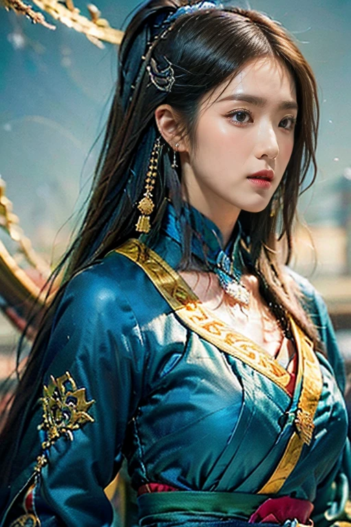 Game art，The best picture quality，Highest resolution，8k，(A bust photograph)，(Portrait)，(Head close-up)，(Rule of thirds)，Unreal Engine 5 rendering works， (The Girl of the great Future)，(beauty holy Female Warrior)， 1 girl，(The generals of ancient China)，An eye rich in detail，(slim figure)，Elegant and noble，indifferent，Brave，(Wearing high detail ancient Chinese cloth， Chinese Hanfu ，Costumes of the royalty Tang Dynasty，Costumes are rich in detail，Simple shades)，Chinese Characters，Fantasy style，side light, cinenatic,Photo poses，full tiger engraving sky castle as background，Movie lights，Ray tracing，Game CG，((3D Unreal Engine))，oc rendering reflection texture,8k