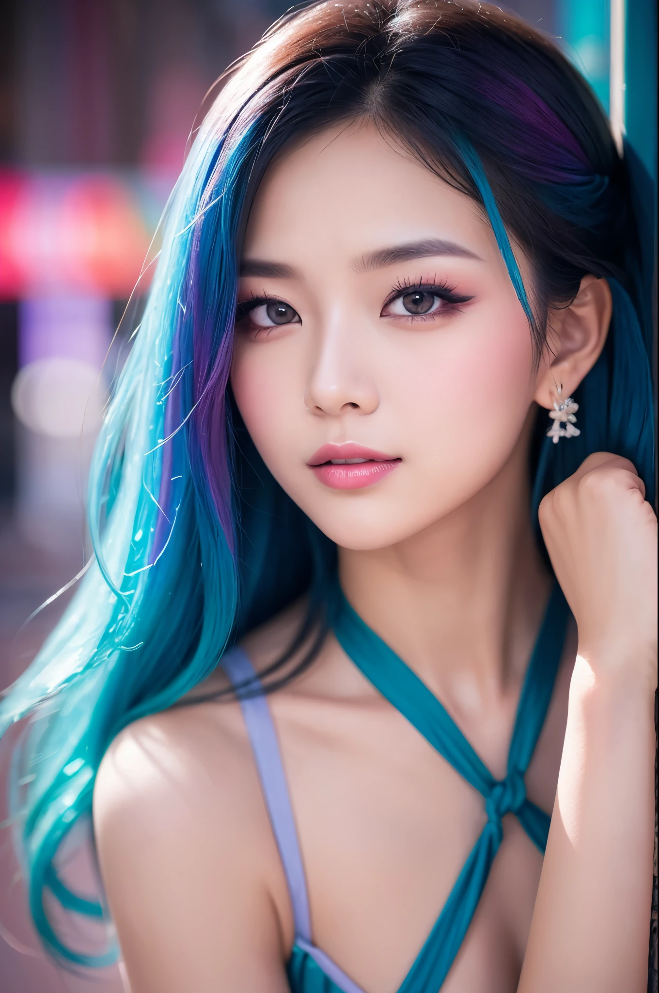 high quality, real、High resolution, Realistic、8k、masterpiece, detailed.impressive, Cutting-edge female photography portraits, Mini Bikini、Soft look、smile、((Mid Shot))、Looking at the camera、Facing forward、cyan, and purple, Her vibrant makeup really catches the eye.. Her colorful hair is tied up high、Various hair colors