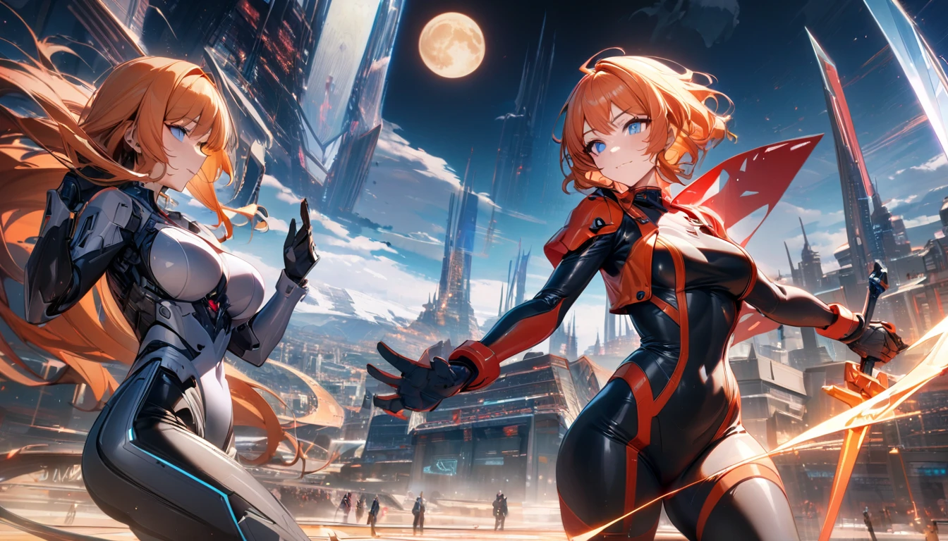 Adult Women,   long orange hair from behind the light,  blue eyes, cyborg,  very tight transparent battle suit,  cyberblade in hand , transparent elements , masterpiece, Best Quality, Full HD, 8k,  ultra detailed,  amazing graphics , Asaka Kouka,  vs. Demon Shinobu suit, bodystocking,  Future Cities ,  Knight , moon,