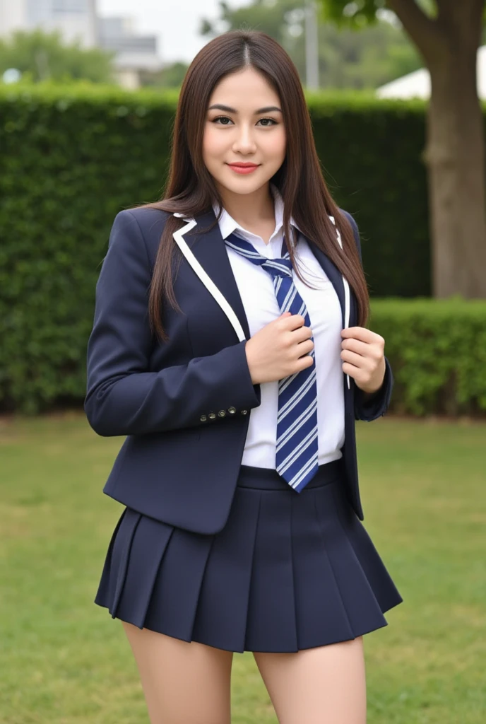 A woman in a school uniform, beautiful detailed eyes, beautiful detailed lips, extremely detailed face, long eyelashes, detailed school uniform, cute expression, standing in a garden setting, blurred background, natural lighting, highly detailed, 8k, ultra-detailed, (realistic, photorealistic:1.37), (best quality:1.2), masterpiece, vibrant colors, cinematic lighting