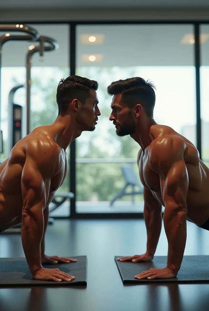 (high quality,photorealistic,ultra-detailed) Two men kissing in the gym, blue shorts, (detailed facial features, emotions, athletic physique), vibrant colors, (modern, realistic gym setting), (strong lighting, dynamic shadows), (gritty, modern art style), (contrasting warm and cool tones).