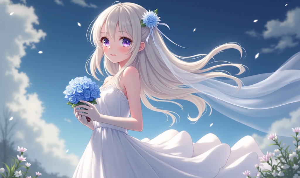 Japanese Anime，Witch Irena，cute，Round Face， pure white bride theme ， blue and white background ， leaving two-thirds of the area white ， first-person view ，one person，The character is on the left ， upper body close-up ,front， looks at the audience，Smile，Sweet expression， purple eyes ，lips, holding a bouquet of bright blue roses with both hands ，闭嘴Smile，Sweet expression， wearing a pure white wedding dress ，Long off-white hair and a long white veil are blown to the right side of the picture by the wind， long white gloves length to the upper arm ， high detail ，High Definition，wallpaper，Depth of Field