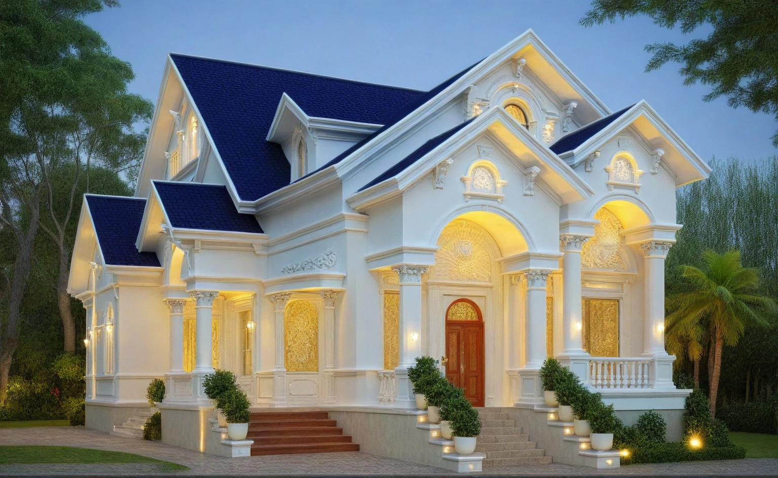 neo classical villa on street, (daylight), tropical tree, vivid colour, streetcapes, white tone, nice detail, intricate relief details, white wall, large glass door, warm interior lighting, best quality, masterpiece, ultra realistic