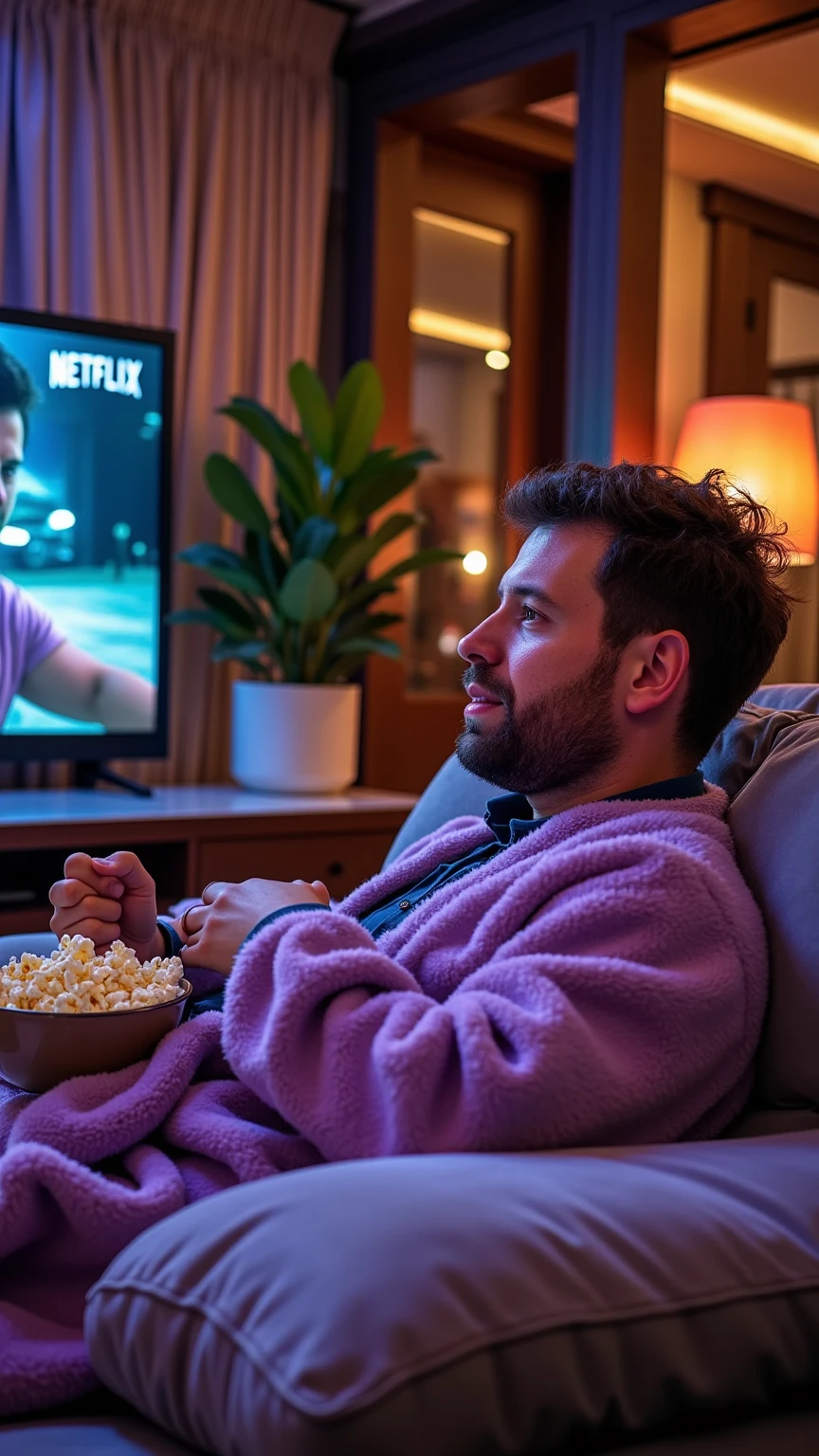 A luxurious, high-end living room with a massive, plush sofa. A man is sitting comfortably on the sofa, covered with a soft, fuzzy lilac blanket. He holds a bowl of popcorn, with an expression of intrigue and excitement as he watches Netflix on a large, bright TV. The glow from the screen reflects in his eyes, adding a warm, cinematic ambiance to the room. Medium shot, highly detailed, photorealistic, emphasizing textures and cozy atmosphere.
