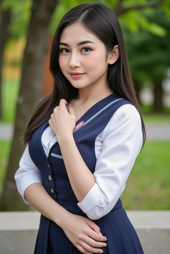 A young woman in a school uniform, beautiful detailed eyes, beautiful detailed lips, extremely detailed face, long eyelashes, detailed school uniform, cute expression, standing in a garden setting, blurred background, natural lighting, highly detailed, 8k, ultra-detailed, (realistic, photorealistic:1.37), (best quality:1.2), masterpiece, vibrant colors, cinematic lighting