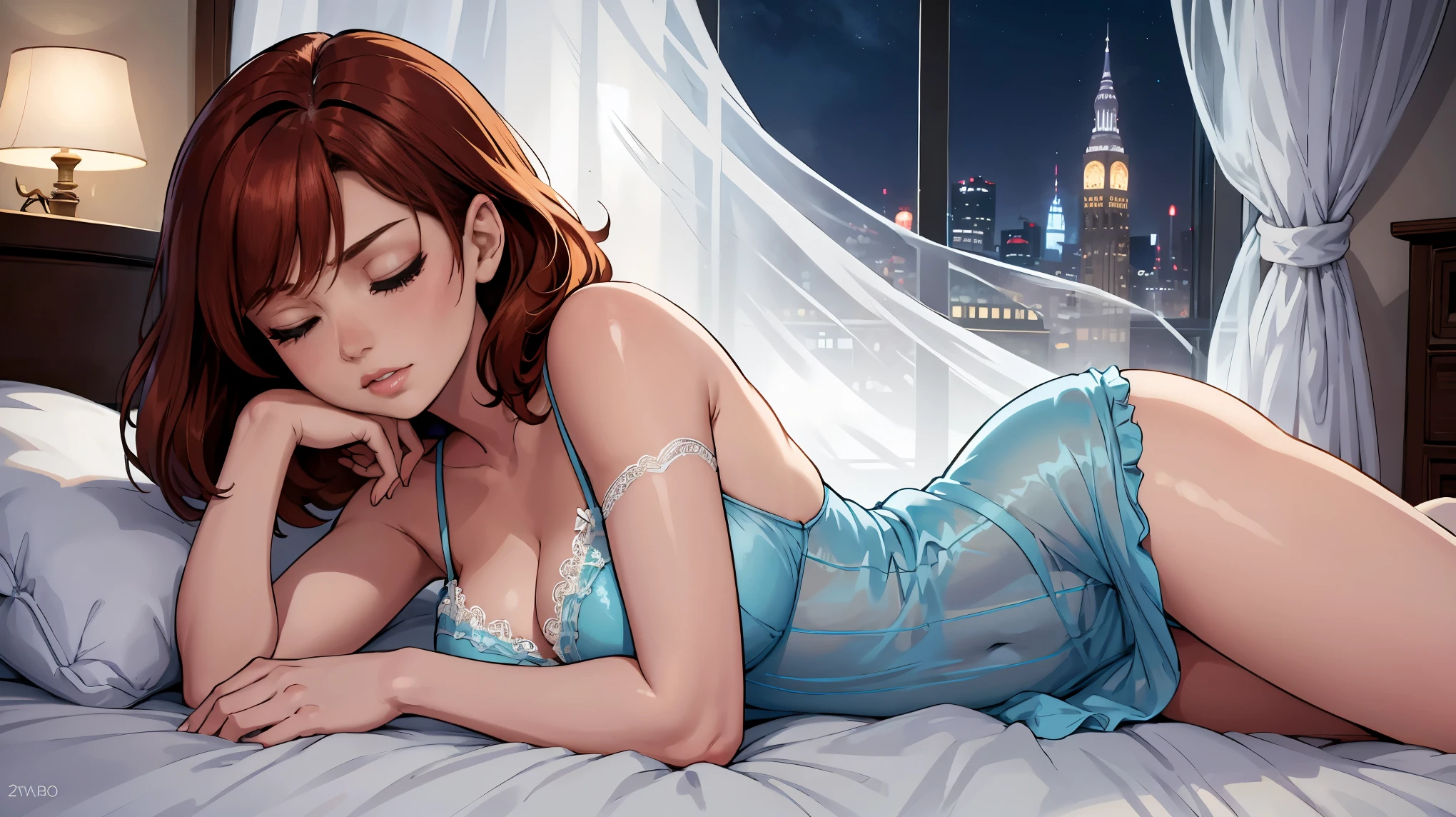 20 years old woman, Short brown hair, Mediterranean with blue eyes, Generous and heavy breasts, slender waist, definition of l'estomac, fesses rebondies et pulpeuses, naturally curved, muscular thighs, aguicheuse, bedroom , blue eye, at night, lace nightie , regard coquin
