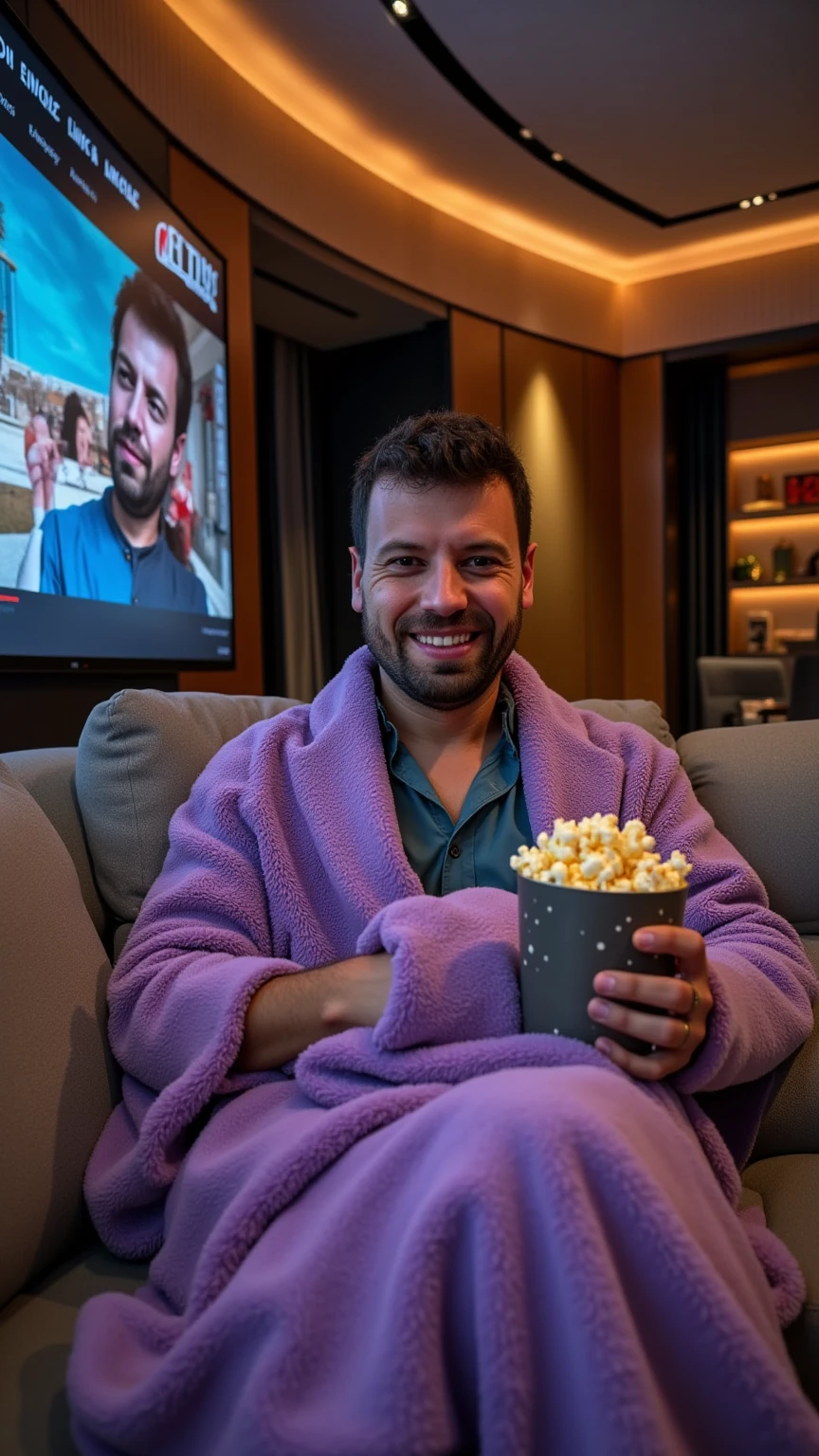 Luxurious living room with modern, upscale design and a large, inviting sofa. A man wrapped in a fuzzy lilac blanket is seated on the sofa, holding popcorn, eyes shining with the reflection from a large TV screen playing Netflix. The room is warmly lit, with attention to details in textures and fabrics, giving a realistic and immersive feel. Medium shot, highly detailed, photorealistic, cozy and cinematic mood.
