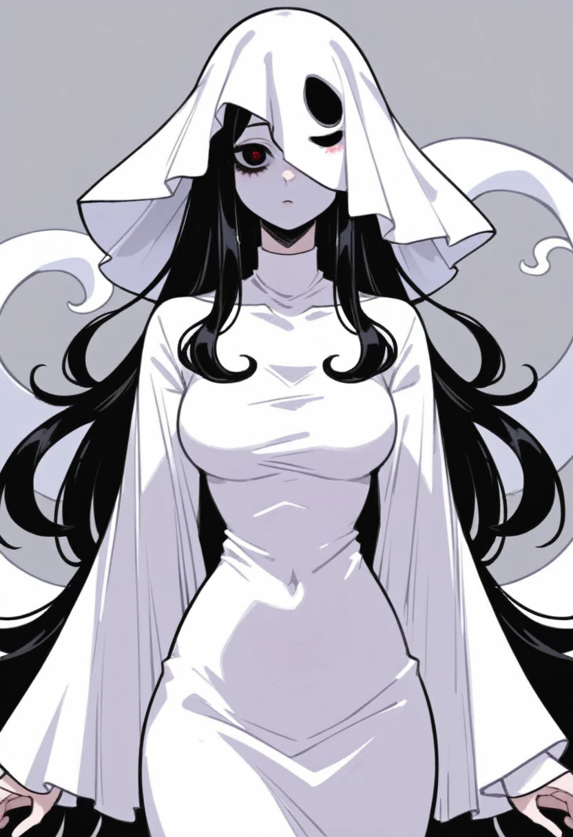 1 girl, ghost costume, all simple drawings. Anime, beautiful, black hair, ghost cosstume style, beautiful squinting eyes, standing, beautiful figure, long hair, simple dress, discreet dress, veiled silk fabric , tight dress 