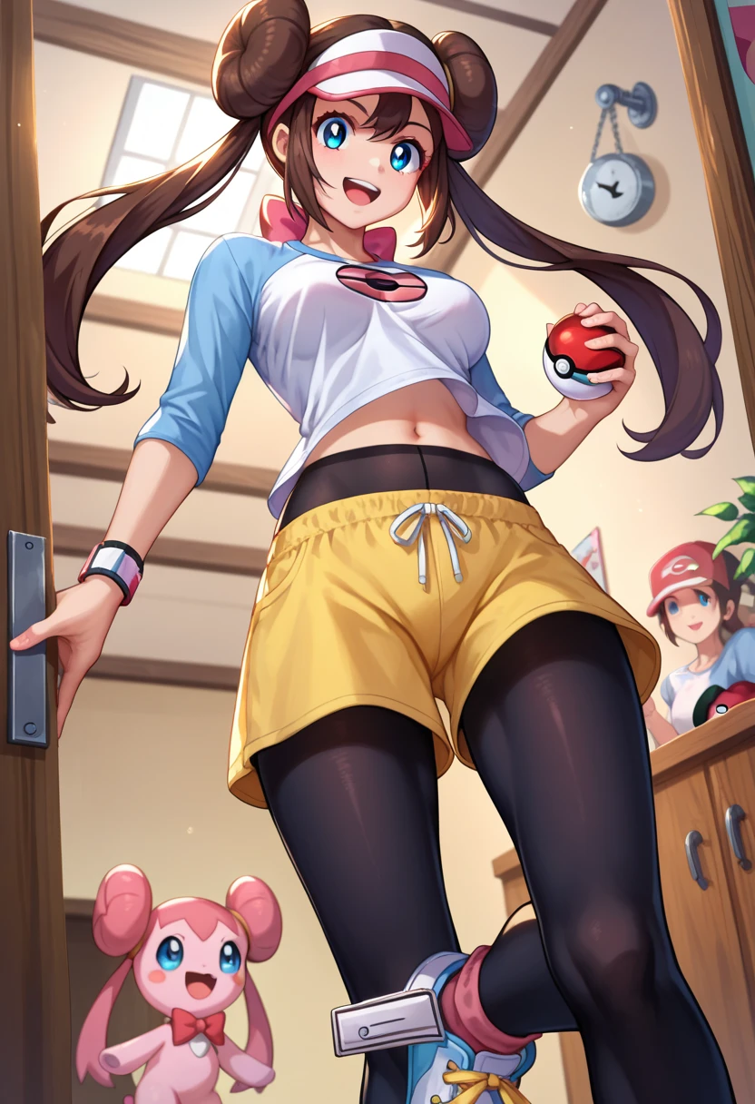 score_9, score_8_up, score_7_up, score_6_up, source_anime,1girl, 1rosa1, blue eyes, brown hair, twintails, double bun, large_breasts, 2default2, white shirt, raglan sleeves, pink bow, visor cap, black pantyhose, yellow shorts, sneakers, pink socks, navel, hiding in a corner, standing, happy trance,smirk,open mouth,holding a pokemon ball, ((very dark,basement,dim)),low view