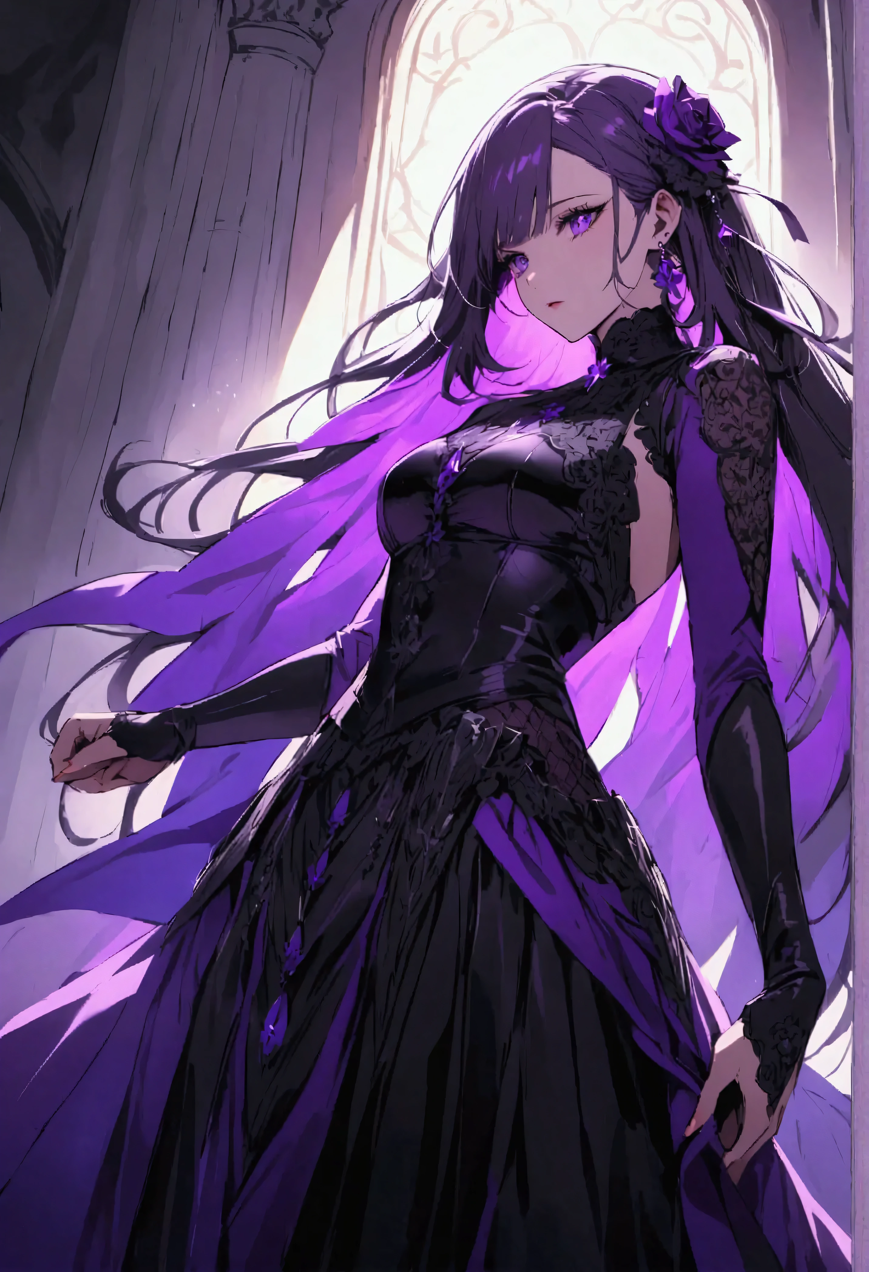A female vampiro dracula (peitos pequenos, cabelos azul-escuros), obra-prima, melhor qualidade, (papel de parede CG unity 8k extremamente detalhado), (melhor qualidade), (best illustration), (melhor sombra), absurdos, lifelike lighting, (Abyss), lindo brilho detalhado, pose natural, de corpo inteiro, standingn, petals falling, interior, fanning, lanterna, 16K, HDR, highres, campo de profundidade, (grain of film: 1.1), boken, hora dourada, (lens flare), vinheta, rainbowart, (color classification: 1.5)