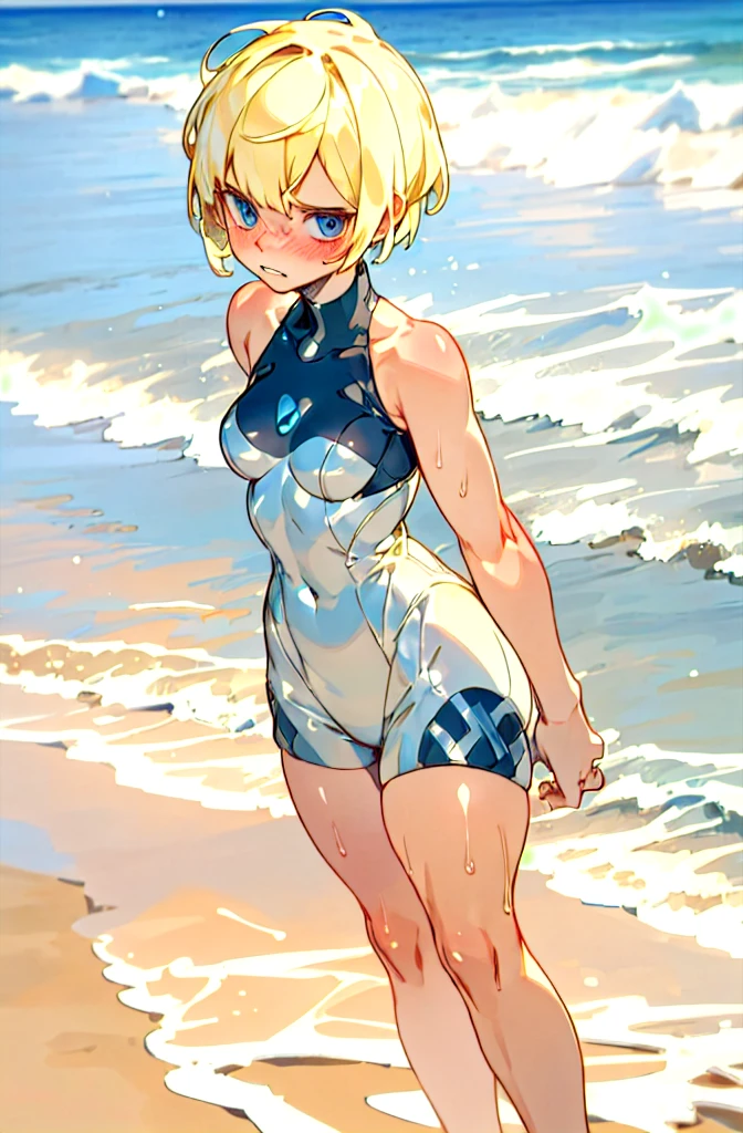   1 girl,  blonde short cut  ,   blue eyes, dark grey pearl metallic racing bloomer,Overexposure,Background sandy beach ,Stylish adult woman with very small breasts , T-back , Awkward, frowns ,  Blushing ,  bites his lips,Wide-legged,Walking on a sandy beach