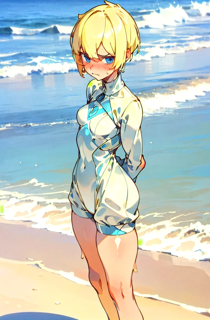   1 girl,  blonde short cut  ,   blue eyes, dark grey pearl metallic racing bloomer,Overexposure,Background sandy beach ,Stylish adult woman with very small breasts , T-back , Awkward, frowns ,  Blushing ,  bites his lips,Wide-legged,Walking on a sandy beach