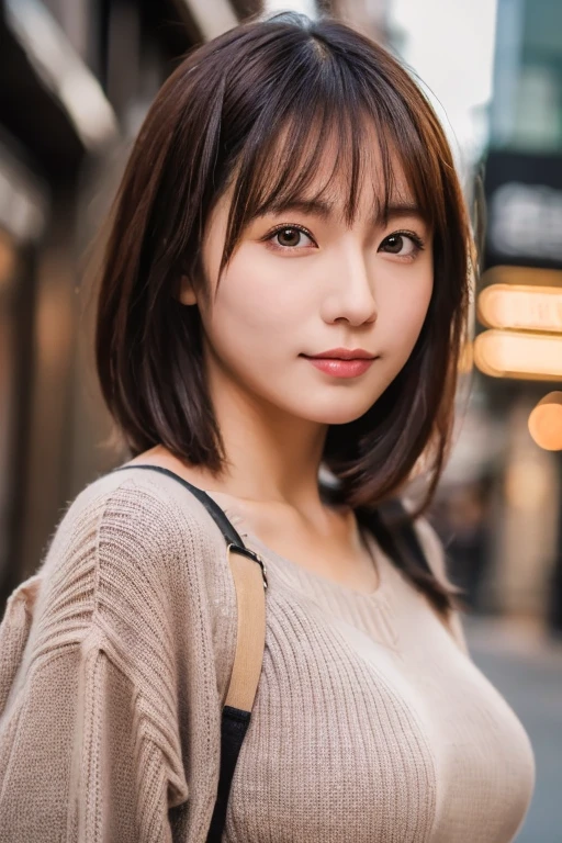 (masterpiece, Best Quality, Perfect Anatomy, highres, 8k, realistic, photorealistic:1.2), One Girl, solo, Japanese, age20, (large breasts), tanukigao, perted lips, Perfect figure, thin knit, mini-skirt, mediumhair, autumn, on the Japanese downtown, portrait 