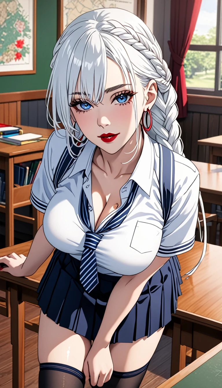 A beautiful young woman with long white hair, red lipstick, hoop earrings, wearing a school uniform, with large breasts, highly detailed illustration, masterpiece,  ultra-detailed,  Cleavage, twin hair braid,blue eyes,makeup,two hair braid, stockings,skirt,