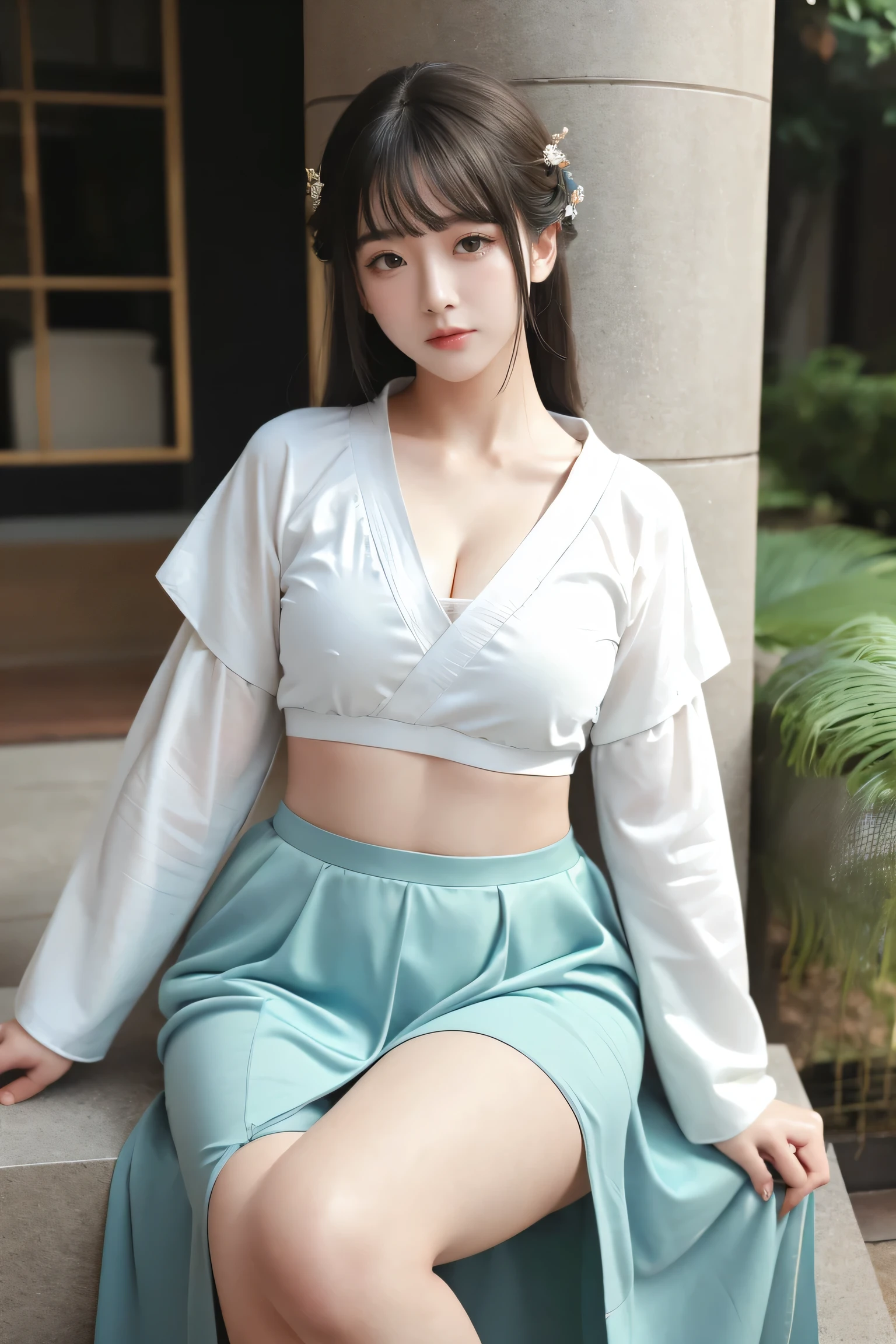 ( highest quality ,masterpiece:1.2),(Intricate details:1.4),(photo:1.4),Vivid details, superdetail,( Ultra HD, HD CG Uniform 8K Wallpaper ),Detail face, beautiful eye for detail,16k Wallpaper,compensate,(Detail background:1.2), Clothes Soak All Over , Realistic Eyes and Facial Details, plump lips,Lip Tick ,(compensate),1 girl, Wearing Clear Ancient Hanfu ,Show your thighs,Smile