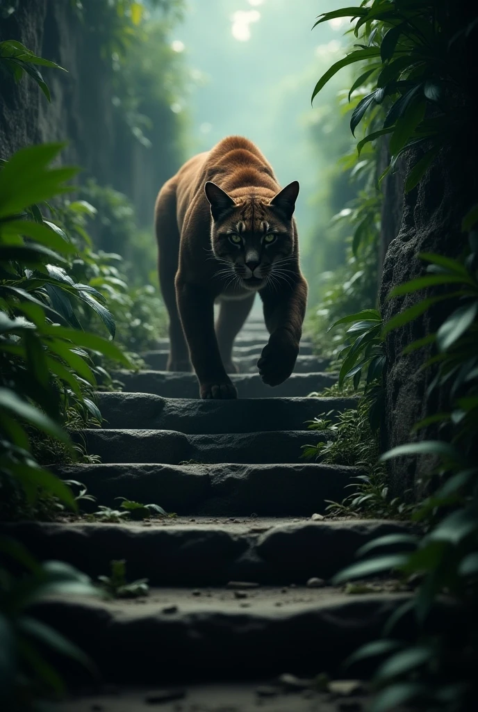 shot from abowe, a fierce predatory cat with glowing eyes emerging from dark shadows, ascending stone steps from a cave to the surface, highly detailed, cinematic lighting, dramatic atmosphere, photorealistic, 8K, hyperrealistic, chiaroscuro, dramatic shadows, moody colors, powerful feline muscles, predatory grace, intense gaze, wet textured fur, stones with moss and lichen, atmospheric fog, cinematic composition