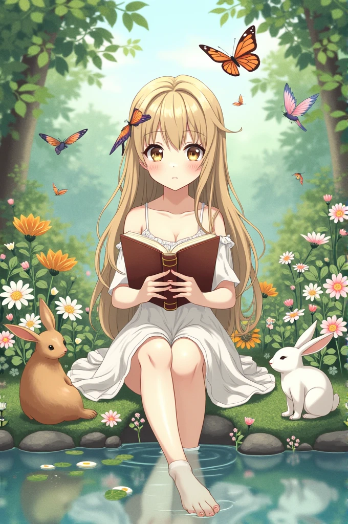 loli princess, diademe, blush, light dress, little breast, naked breast, ((holding breast)), sitting under the tree, reading book, apple garden, warm morning, haze, detailed, extreme light effect, high quality