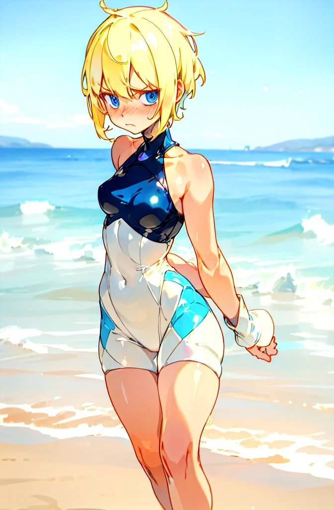   1 girl,  blonde short cut  ,   blue eyes, dark blue pearl metallic racing separate bloomer,Overexposure,Background sandy beach ,Stylish adult woman with very small breasts , T-back , Awkward, frowns ,  Blushing ,  bites his lips,Wide-legged,Walking on a sandy beach