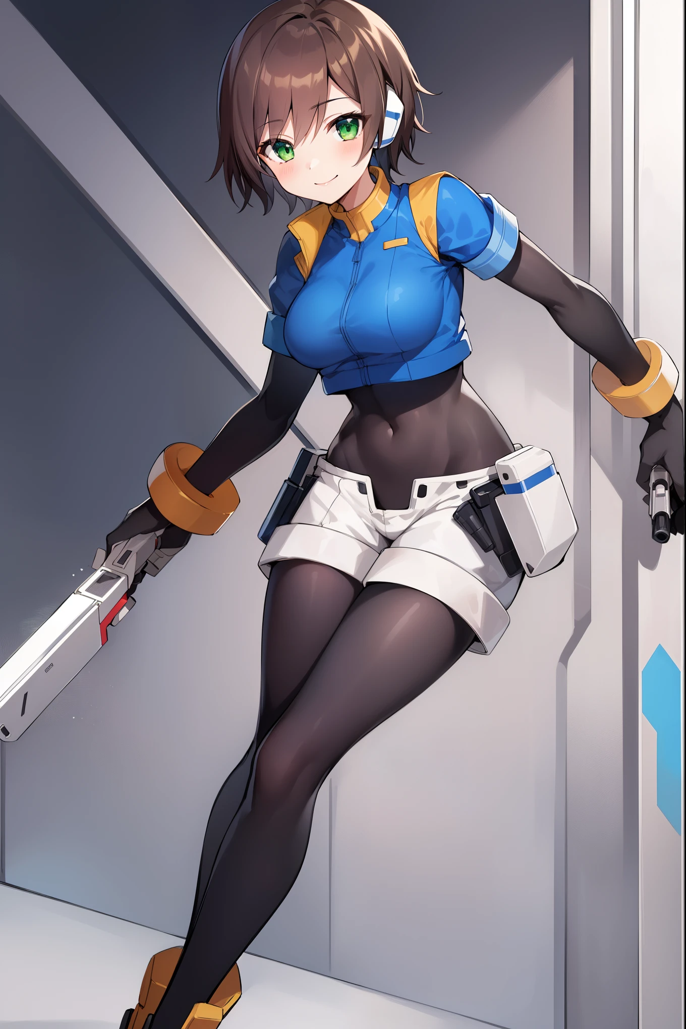 aile_megamanzx,  , 1girl, solo, short hair, brown hair, short sleeves, (bodysuit), robot ears, green eyes, short_shorts, short sleeves, short over long sleeves, smile, in futuristic city, , high quality, medium_breasts,crotch, slouch,handgun,