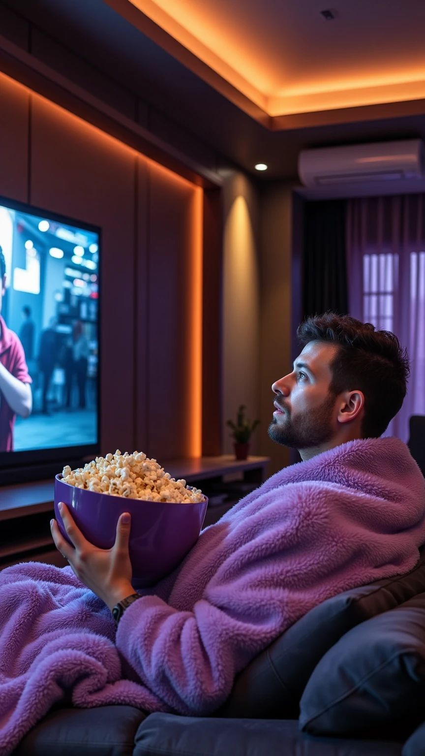 A luxurious, high-end living room with a massive, plush sofa. A man is sitting comfortably on the sofa, covered with a soft, fuzzy lilac blanket. He holds an oversized bowl of popcorn, with an expression of intrigue and excitement as he watches Netflix on an extra-large TV that dominates the room. The bright glow from the screen reflects in his eyes, adding a warm, cinematic ambiance to the space. Medium shot, highly detailed, photorealistic, emphasizing textures and a cozy atmosphere.
