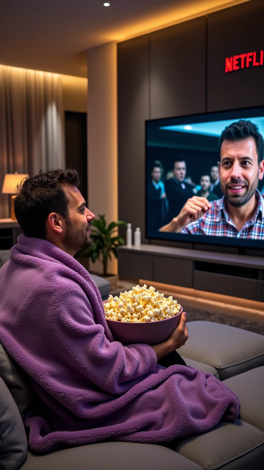 Elegant living room with sophisticated decor and a grand, oversized sofa. A man is seated on the sofa, wrapped in a plush, lilac blanket, holding a large bowl of popcorn, with his gaze fixed on a huge TV screen playing Netflix. The screen's light reflects off his eyes, creating a warm, immersive atmosphere. Realistic, detailed textures, medium shot, photorealistic rendering, capturing every detail of the high-end design and cozy setting.
