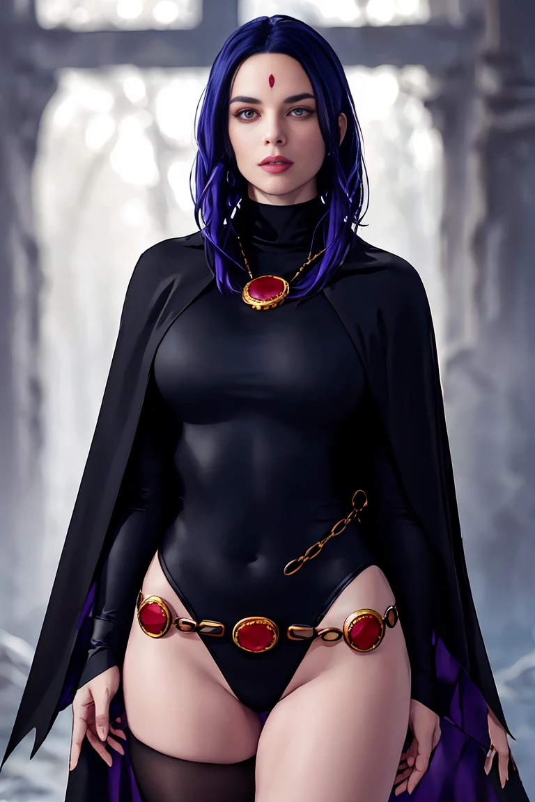 1girl, cowboy shot of rvn, hotraven, pale skin, black leotard, turtleneck, tights, cape, glowing eyes, gold belt, jewels, medallion, athletic, looking at viewer, night, dark forest, mist, fog, volumetric lighting, best quality, masterpiece, intricate details, tonemapping, sharp focus, hyper detailed, realistic