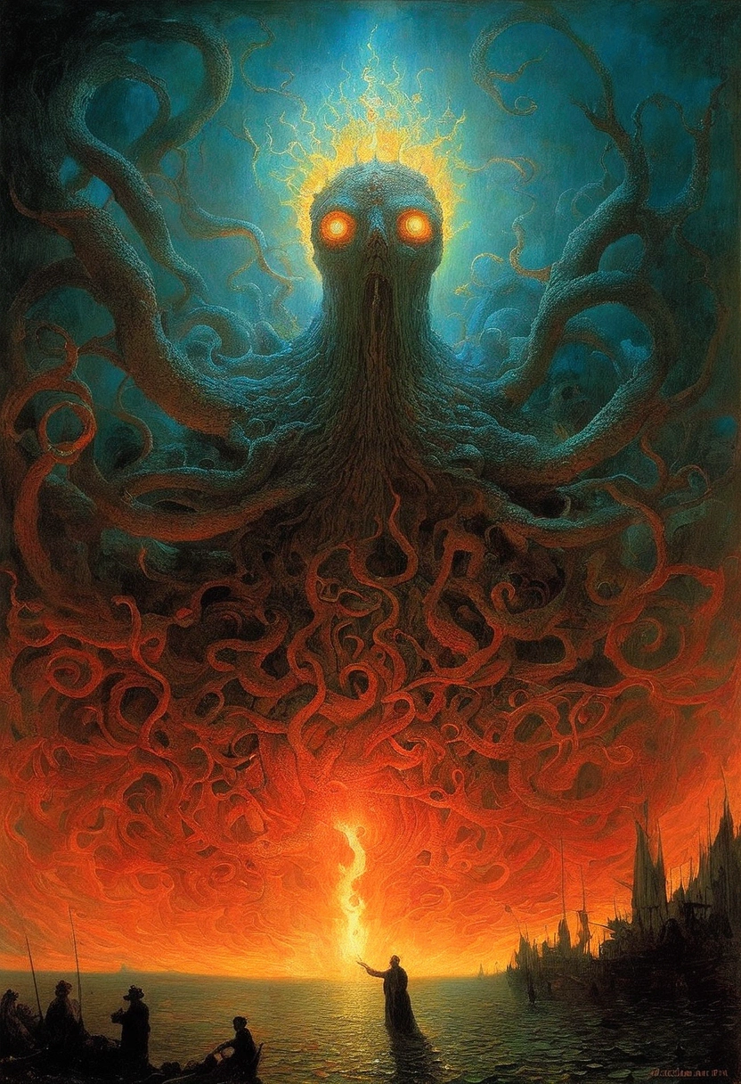 1960s, comic, Lovecraftian style movie poster, illustration, fantasy horror