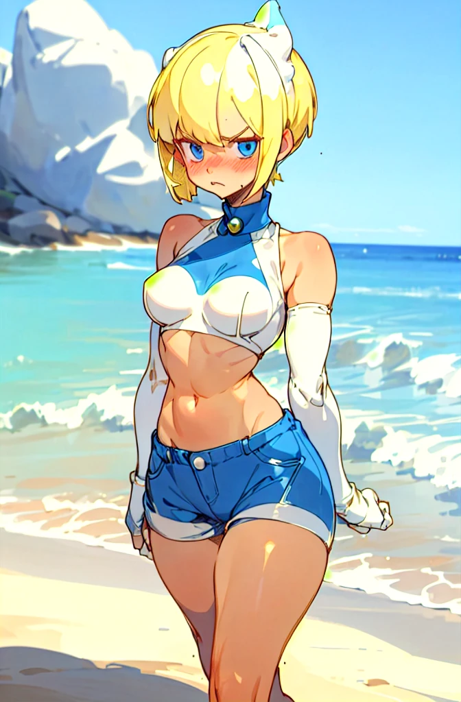   1 girl,  blonde short cut  ,   blue eyes, dark blue pearl metallic racing separate bloomer,Overexposure,Background sandy beach ,Stylish adult woman with very small breasts , T-back , Awkward, frowns ,  Blushing ,  bites his lips,Wide-legged,Walking on a sandy beach,Bulma is high leg,I can see my belly 