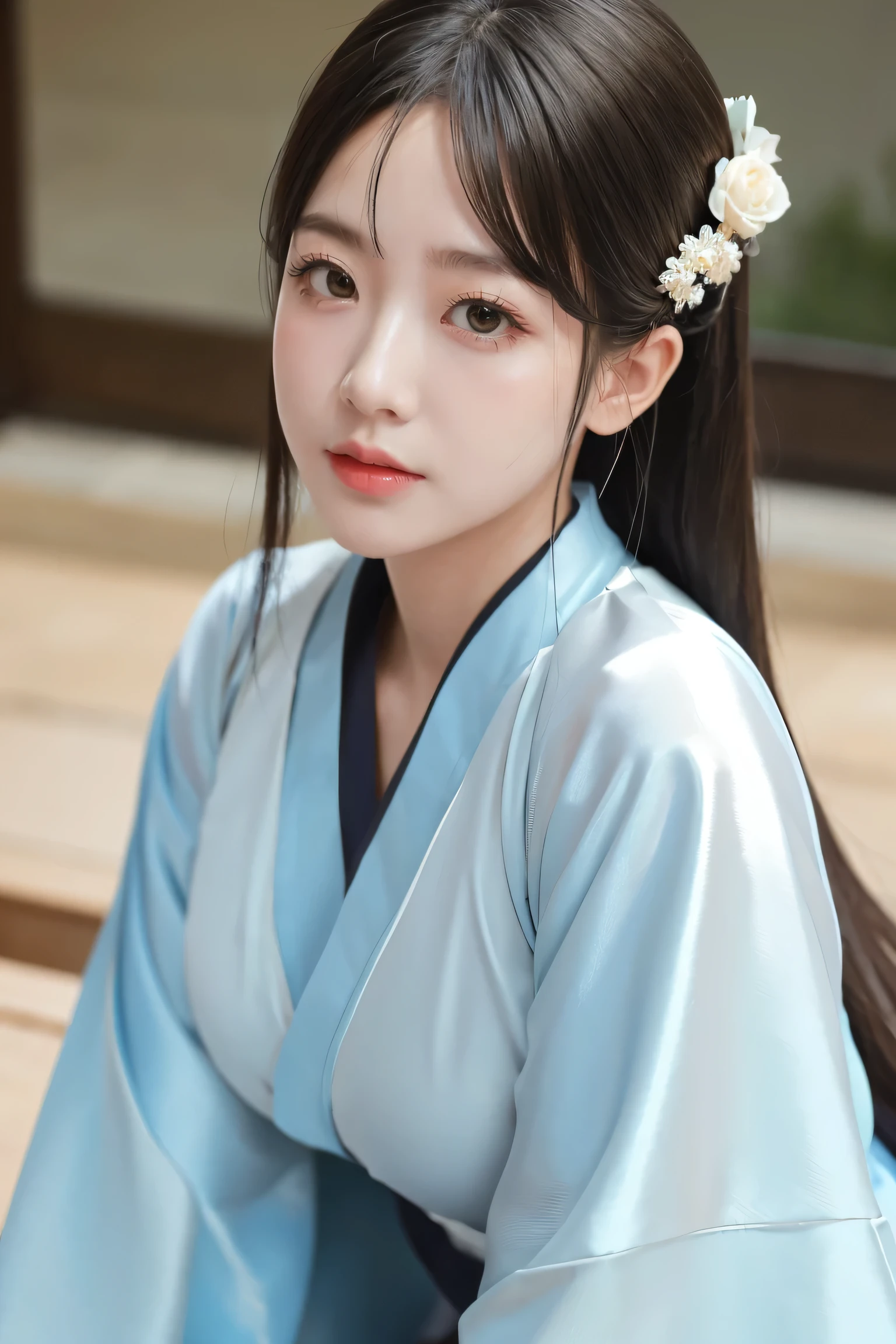 ( highest quality ,masterpiece:1.2),(Intricate details:1.4),(photo:1.4),Vivid details, superdetail,( Ultra HD, HD CG Uniform 8K Wallpaper ),Detail face, beautiful eye for detail,16k Wallpaper,compensate,(Detail background:1.2), Clothes Soak All Over , Realistic Eyes and Facial Details, plump lips,Lip Tick ,(compensate),1 girl, Wearing Clear Ancient Hanfu ,Show your thighs,Smile