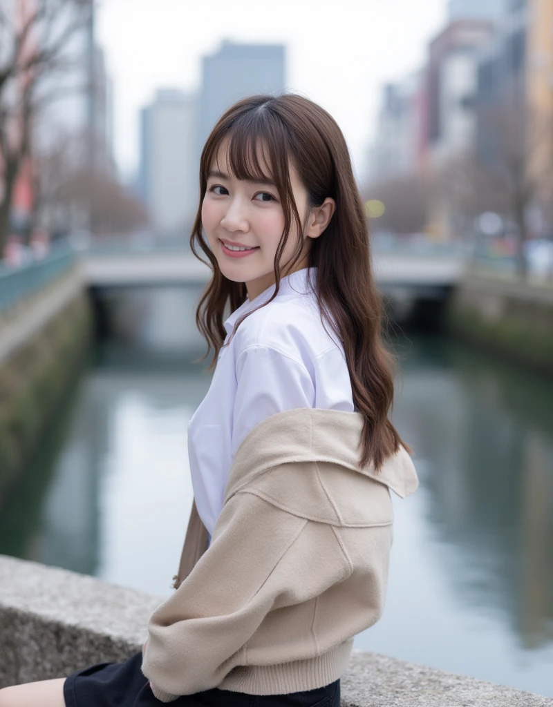 A photo of  a cute beautiful japanese girl with a white shirt and a jacket sitting on a canal seeing Tokyo.She is turning back to the camera with smile
