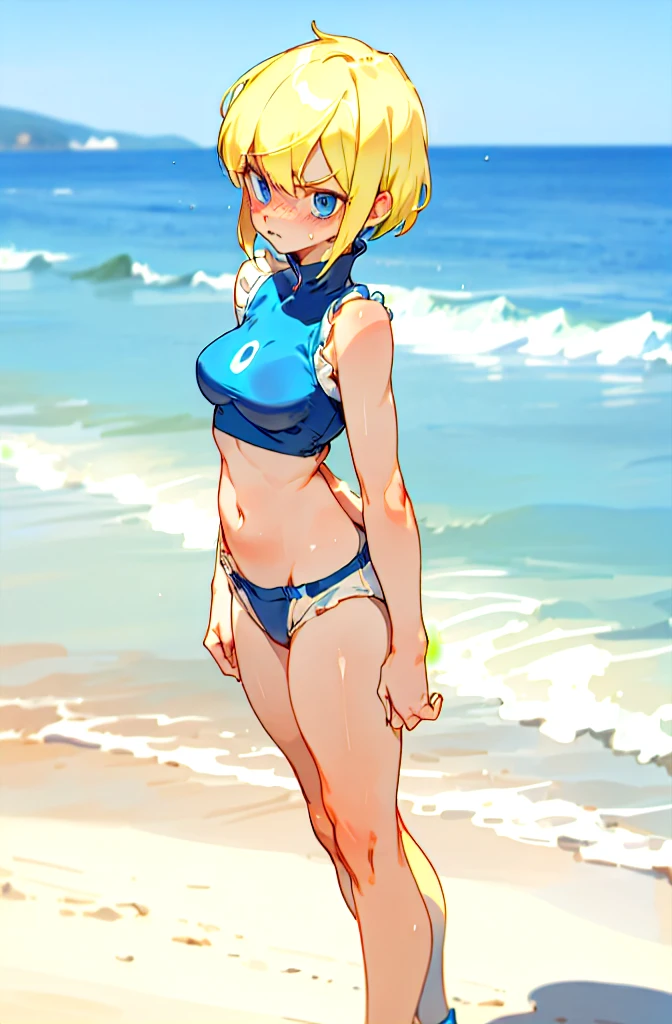   1 girl,  blonde short cut  ,   blue eyes,  dark blue pearl metallic racing separate bloomer,Overexposure,Background sandy beach ,Stylish adult woman with very small breasts , T-back , Awkward, frowns ,  Blushing ,  bites his lips,Wide-legged,Walking on a sandy beach,Bulma is high leg,Can you see your stomach and belly ,Rear view