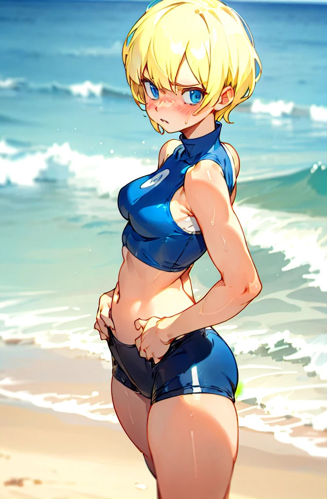   1 girl,  blonde short cut  ,   blue eyes,  dark blue pearl metallic racing separate bloomer,Overexposure,Background sandy beach ,Stylish adult woman with very small breasts , T-back , Awkward, frowns ,  Blushing ,  bites his lips,Wide-legged,Walking on a sandy beach,Bulma is high leg,Can you see your stomach and belly ,Rear view