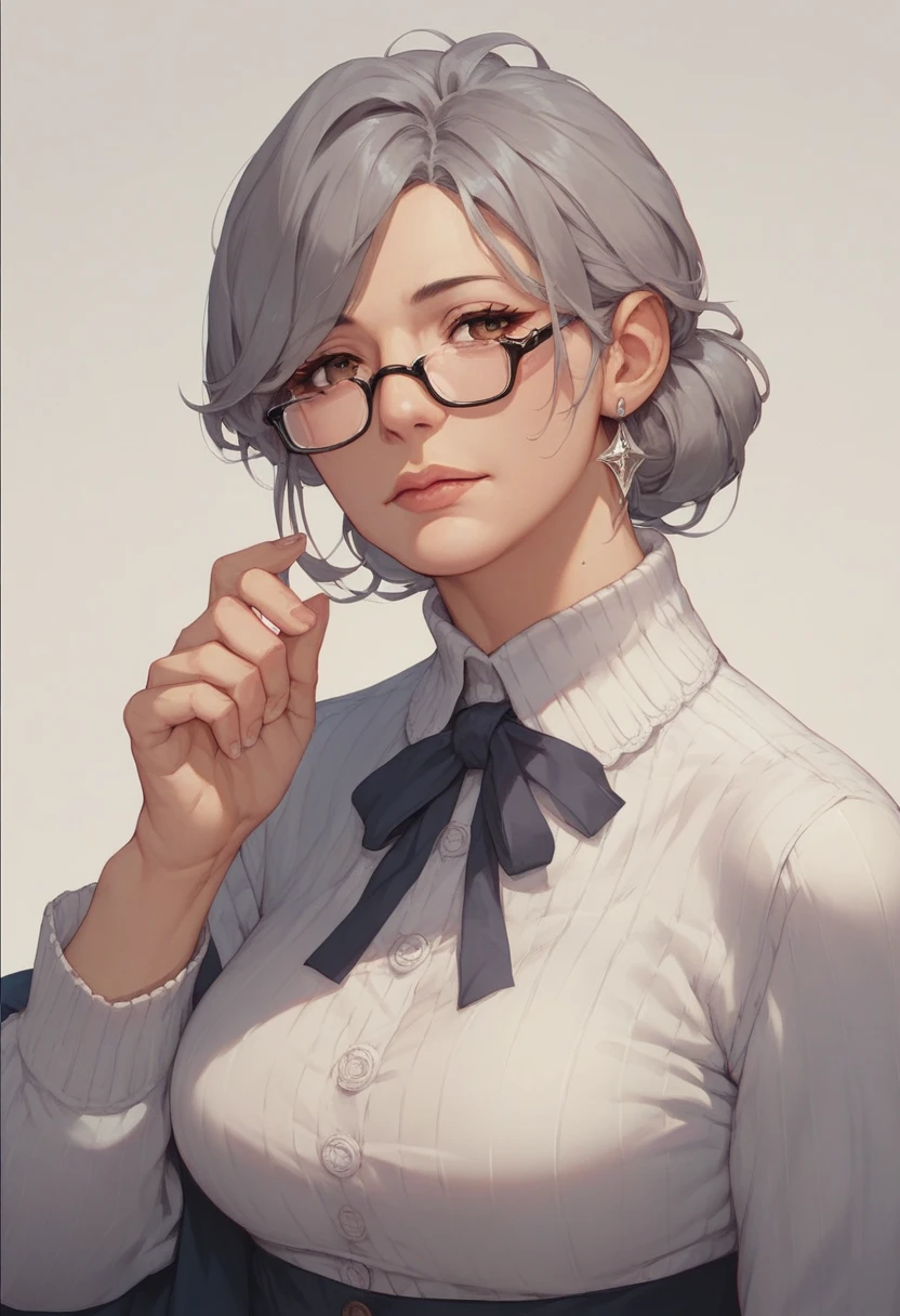 seiko ayase, mature female,grey hair, brown eyes,glasses,top knot