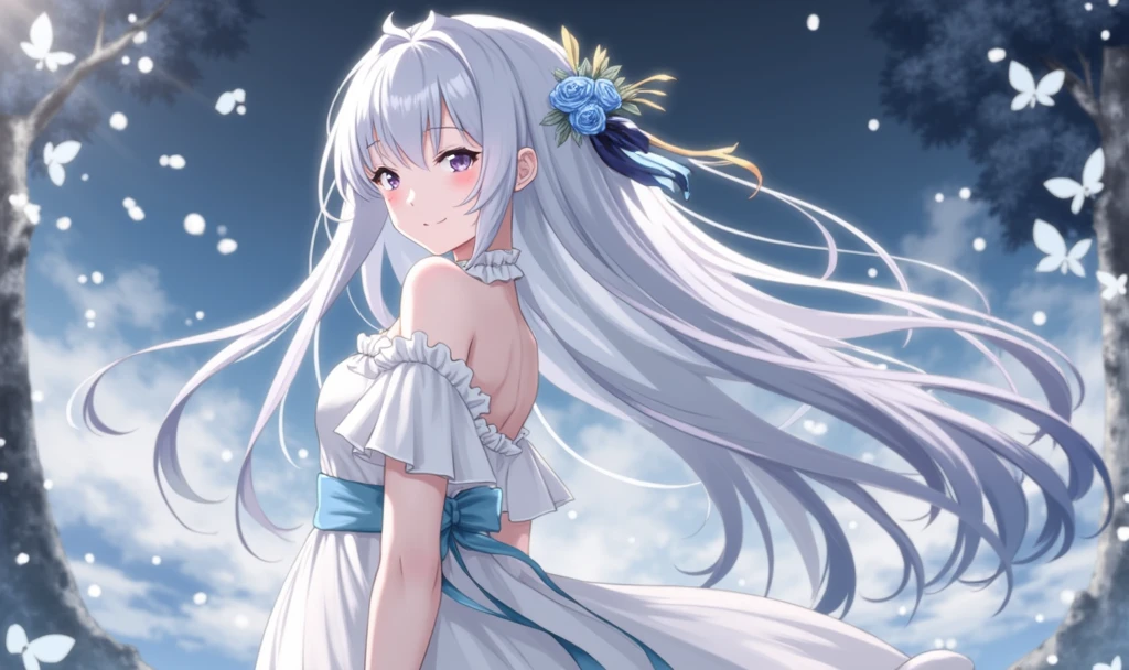 Japanese Anime，Witch Irena，cute，Round Face， pure white bride theme ， blue and white background ， leaving two-thirds of the area white ， first-person view ，one person，The character is on the left ， upper body close-up ,front， looks at the audience，Smile，Sweet expression， purple eyes ，lips, holding a bouquet of bright blue roses with both hands ，闭嘴Smile，Sweet expression，Wear a pure white ruffle wedding dress ， with a blue ribbon bow on the back of the waist,Long off-white hair and a long white veil are blown to the right side of the picture by the wind， high detail ，High Definition，wallpaper，Depth of Field