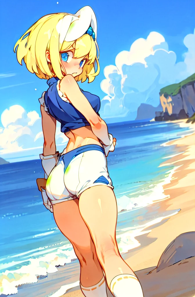   1 girl,  blonde short cut  ,   blue eyes,  dark blue pearl metallic racing separate bloomer,Overexposure,Background sandy beach ,Stylish adult woman with very small breasts , T-back , Awkward, frowns ,  Blushing ,  bites his lips,Wide-legged,Walking on a sandy beach,Bulma is high leg,Can you see your stomach and belly ,Rear view