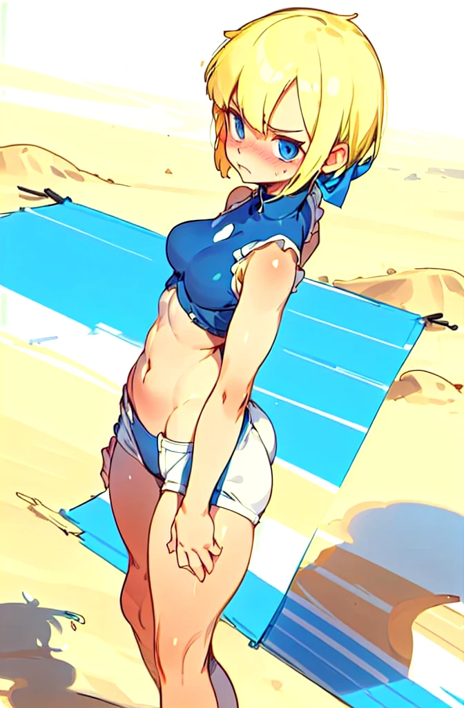   1 girl,  blonde short cut  ,   blue eyes,  dark blue pearl metallic racing separate bloomer,Overexposure,Background sandy beach ,Stylish adult woman with very small breasts , T-back , Awkward, frowns ,  Blushing ,  bites his lips,Wide-legged,Walking on a sandy beach,Bulma is high leg,Can you see your stomach and belly ,Rear view