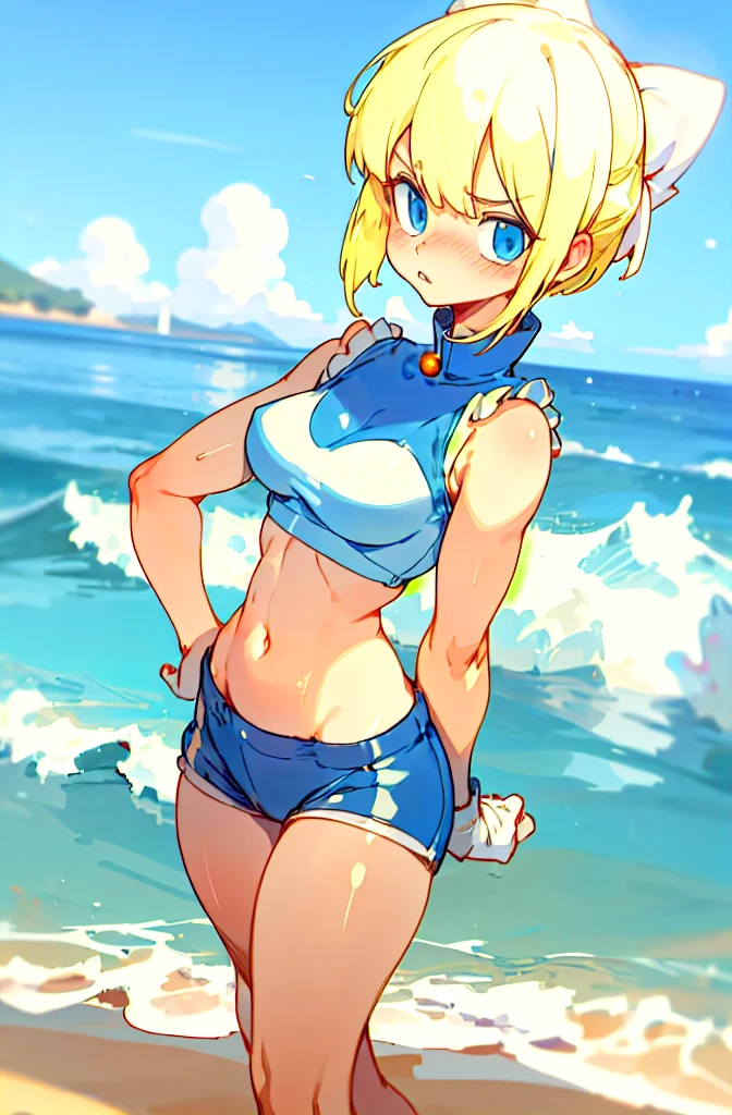   1 girl,  blonde short cut  ,   blue eyes,  dark blue pearl metallic racing separate bloomer,Overexposure,Background sandy beach ,Stylish adult woman with very small breasts , T-back , Awkward, frowns ,  Blushing ,  bites his lips,Wide-legged,Walking on a sandy beach,Bulma is high leg,Can you see your stomach and belly ,Rear view