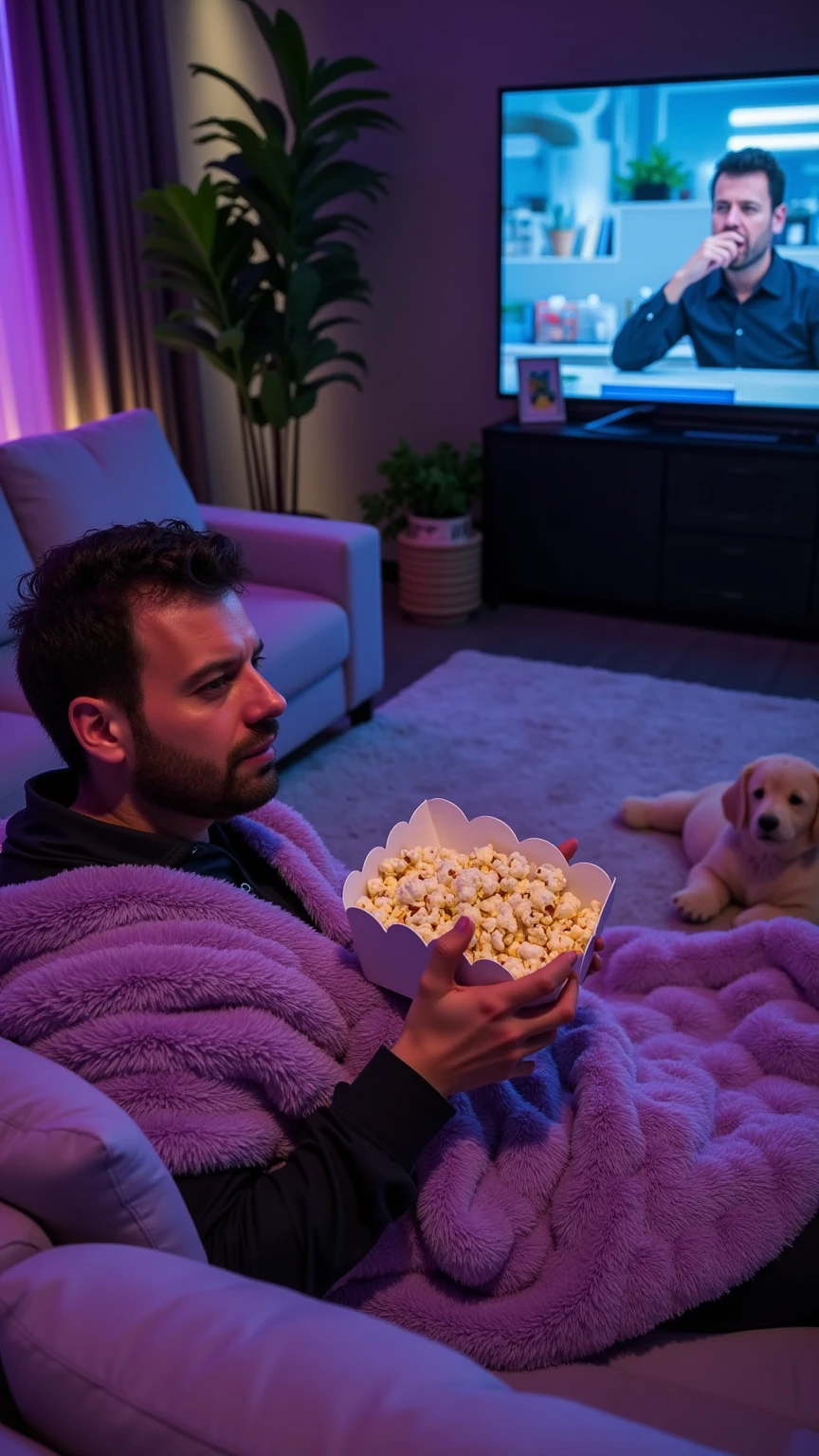 A luxurious, high-end living room with a massive, plush sofa. A man sits comfortably on the sofa, facing the viewer, wrapped in a soft, fuzzy lilac blanket. He is holding and eating oversized popcorn, looking relaxed and fully immersed as he watches Netflix on an extra-large TV. The glow from the screen gently lights up his face, creating a cozy and cinematic atmosphere. Medium shot, highly detailed, photorealistic, focusing on comfort, textures, and the inviting ambiance of the room.
