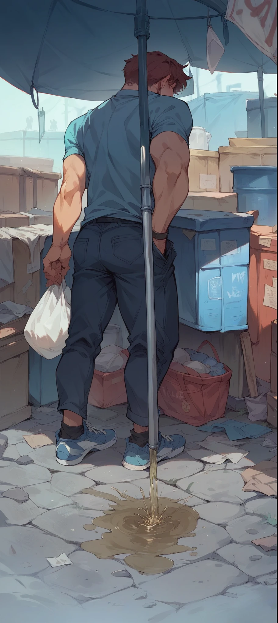 A3R1, Hector Fey ，Multi-view upper body， Suit pants view，legs separated，A3R1,pissing，Pee yourself，His own urine ran down his thighs，perfect male figure， Aerith Gainsborough ,The suit pants are wet，Urine runs down the leg of the trouser，Yellow eyes，sit astride，legs separated，Can't hold back urine，wants to pee，Wear a tie，wearing leather belt，Long Sleeve White Shirt，（The shirt is soaked），Black hair short hair，perspire，Black suit trousers，dress shoes，Nervously bow your head，is shy，embarressed，exhilarated，is shocked，panicking，worry，exteriors，On dry ground， A small puddle of his own urine formed around his feet，legs are open，Very eager to pee，Unbearable，Can't help but pee，Urine flows from the crotch to the legs，Incontinence，It's uncomfortable，Very anxious，Sweat runs from the crotch，Wet yourself，urinating，high detal，hentail realism，ultra-realistic realism，three sided view， A masterpiece of careful planning，A high resolution， hyper HD ，anatomy correct，super detailing，best qualtiy，A high resolution，8K